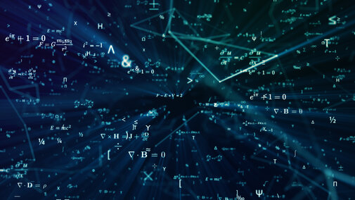 Digital seamless mathematical formulas. Abstract digital futuristic background with math, physics symbols and mesh network grid. 3D illustration in 4K
